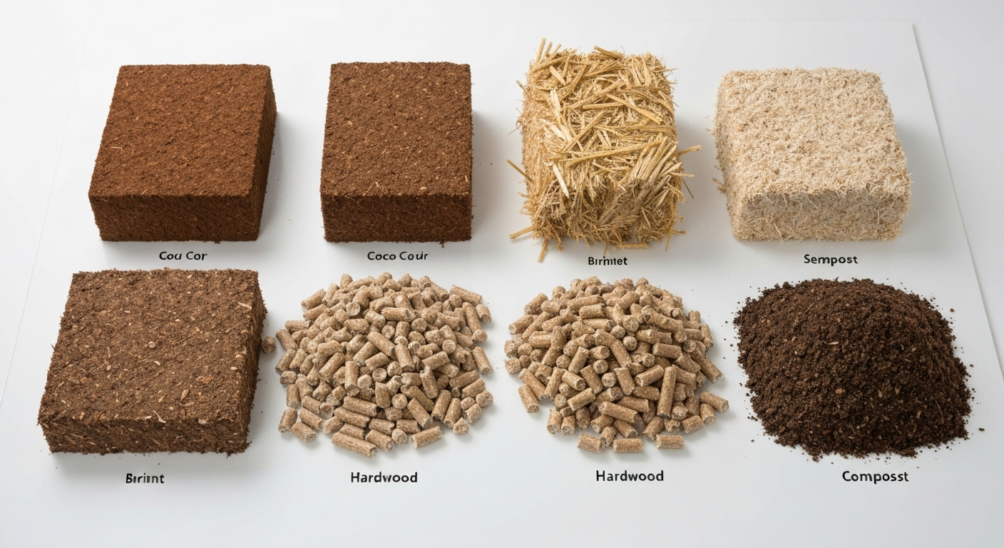 Bulk substrates for mushroom fruiting including coco coir, straw, and hardwood sawdust